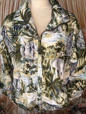 Tropical Safari-Print Zip Bomber Jacket in Green